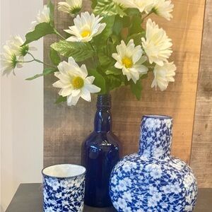 🌹Vintage ASIAN SIGNED Floral Porcelain decanter w cup WILD-TONIC glass bottle